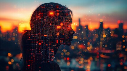 person's head is connected large glowing machine, social media symbols emerging from it background features dystopian city sunset, symbolizing AI driven content manipulation