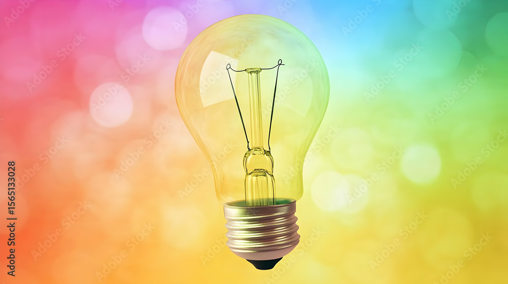 Poster clear light bulb against a colorful, blurred background. the bulb is centered and appears lit, with 