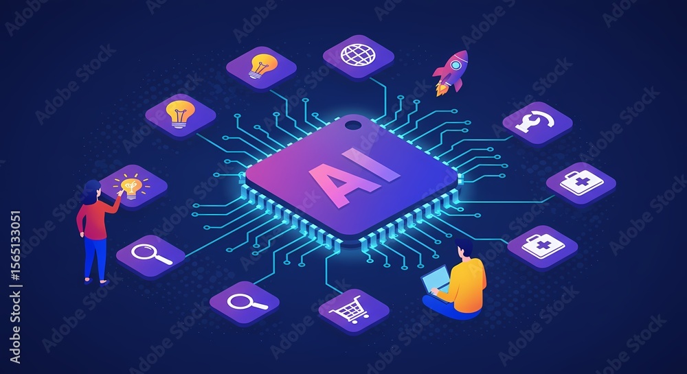 Poster artificial intelligence concept with ai chip and various icons on a dark blue background design