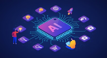 Artificial intelligence concept with ai chip and various icons on a dark blue background design
