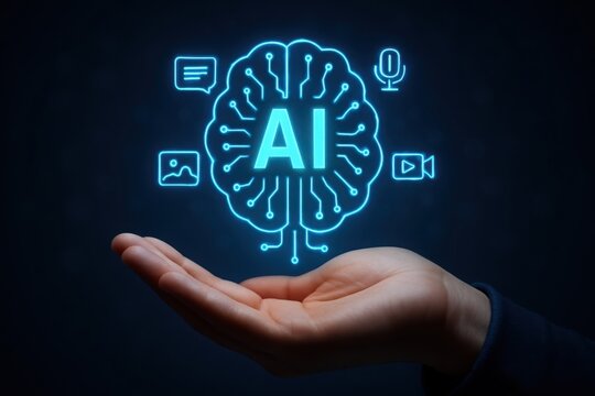 Human hand holding glowing blue artificial intelligence brain