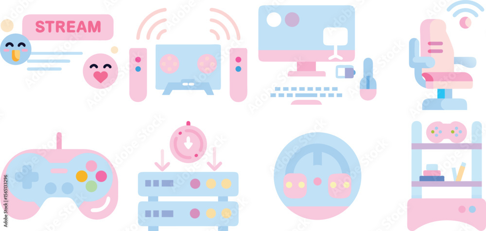 Poster pastel icons show computer gaming and streaming technology isolated on transparent background.
