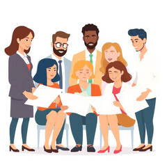 A group of seven staff are preparing training materials. The group includes men and women of different ages and backgrounds.