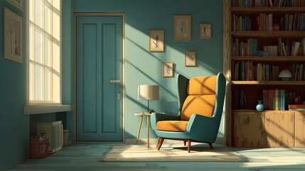 Fototapeta premium Cozy Reading Nook Featuring Stylish Chair and Bookshelf in Brightly Lit Room with Warm Atmosphere
