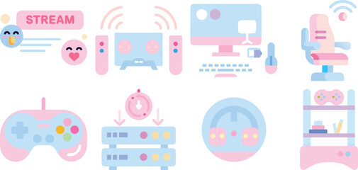 Pastel icons show computer gaming and streaming technology isolated on transparent background.