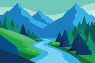 Serene Mountain River Landscape A Peaceful Nature Illustration