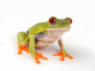 Vibrant red-eyed tree frog standing alert on a white surface.