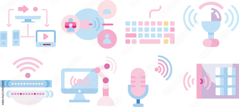 Poster pastelcolored icons represent computer technology and online communication isolated on transparent b