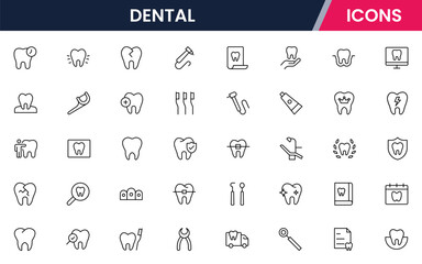 Dental vector web line icon collection, sleek illustrations of teeth, tools, and oral care for professional dental and health designs.