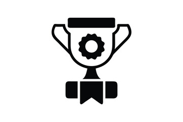 Black silhouette icon of a trophy with a gear inside representing achievement success and mechanical engineering innovation award