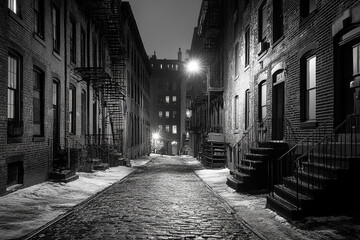 Nighttime alley with vintage charm and soft light glow