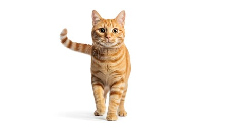 A ginger cat walking forward with its tail raised, against a white background.