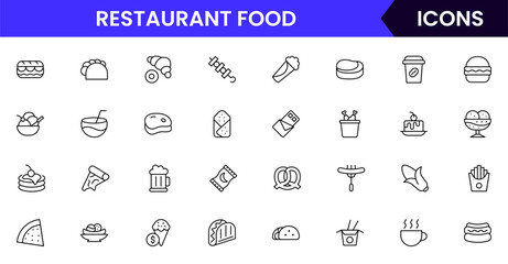 Fast Food vector web line icon collection, sleek illustrations of burgers, fries, drinks, and quick-service items for vibrant designs.