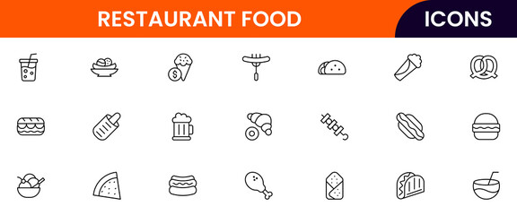 Fast Food vector web line icon collection, sleek illustrations of burgers, fries, drinks, and quick-service items for vibrant designs.