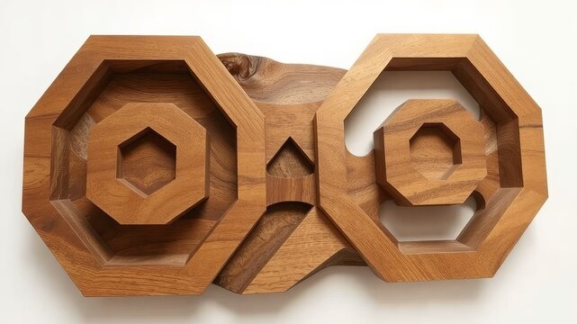 Wooden geometric sculpture featuring nested octagons and angular shapes on a white background