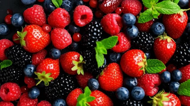 An assortment of fresh and juicy berries including strawberries, blueberries, raspberries, and blackberries arranged on a dark surface.