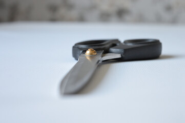 hand holding large metal scissors with black handle  ideal for themes like sewing, crafting,...