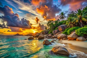Tropical Sunset Beach: Idyllic Seascape with Granite Boulders, Palm Trees, and Vibrant Sky at Golden Hour.