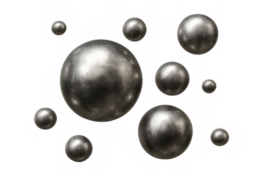Multiple brushed metal spheres of varying sizes floating against a transparent background, creating a modern and abstract composition
