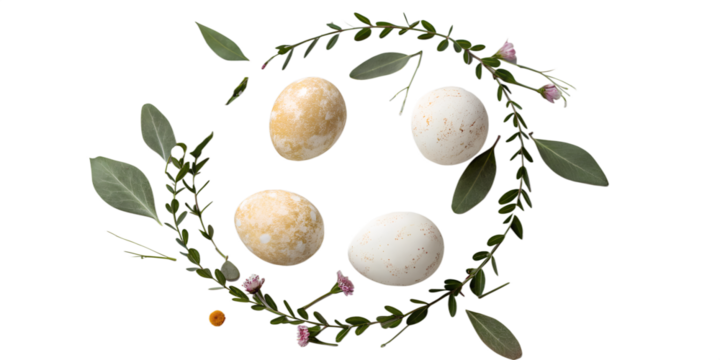 Pastel easter eggs and floral wreath isolated on transparent background - Powered by Adobe