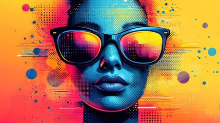 Woman with Colorful Sunglasses and Vibrant Graphic Background