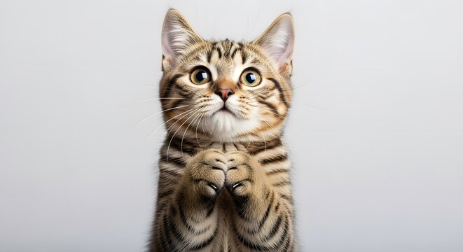 Adorable tabby kitten sits upright, paws pressed together, gazing upwards with a curious, pleading expression.