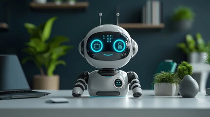 Cute and Friendly Robot Sitting on Desk in Modern Office Environment