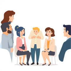 A small team of three consultants are presenting their strategy to a larger group. They are dressed in business attire and seem engaged in the conversation.