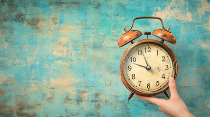 Retro alarm clock with hand and Hurry Up text on paper background in abstract style