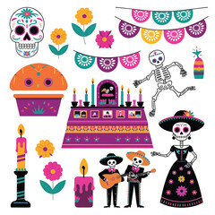 2d vector Mexico festival Day of the Dead Culture and traditions decorations a skull, candle.
