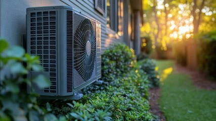 Air conditioning unit fan spinning outside modern house in soft sunset light – residential HVAC system video in natural green and muted gray tones – for energy efficiency campaigns, smart home