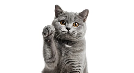 A gray cat with amber eyes raises its paw against a white background.