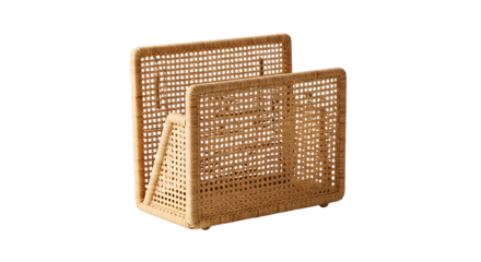 Stylish woven bamboo magazine holder displaying a modern design, set against a minimalistic white background