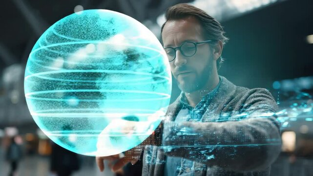 Businessman using futuristic holographic globe interface showing world time zones in high-tech setting &ndash; corporate innovation video in blue neon and gray tones &ndash; for tech startups, fintech demos, data