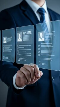 Businessman Reviewing Digital Resumes on a Transparent Interface