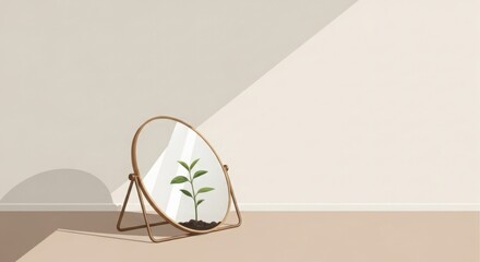 A minimalist image featuring a small plant reflected in a round mirror showcasing a serene and peaceful atmosphere perfect for wellness