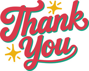 Retro style thank you message in teal and red with golden sparkles for birthday or casual gift tag  