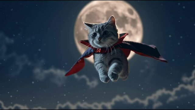 Super kitty soars through the night sky with a vibrant red cape against a backdrop of a huge moon, creating a dreamy, fantastical scene.