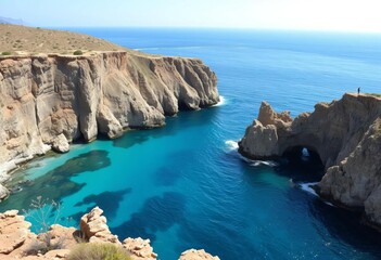 Fototapeta premium Rugged Sicilian coastline with turquoise waters and dramatic cliffs, view, scenic