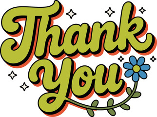 Round butter yellow thank you text with stars and blue flower for playful and friendly appreciation artwork  