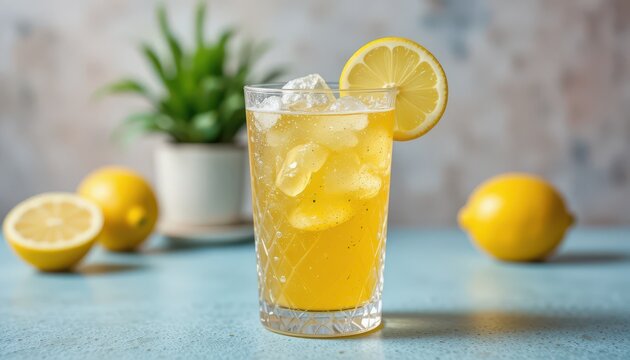 Refreshing citrus drink with ice cubes and lemon slice in a crystal glass