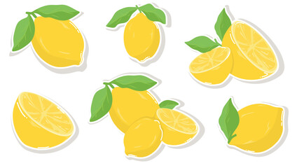 Lemon Sticker Set - Vector Illustration of Fresh Yellow Citrus Fruit with Green Leaves and Slices on White Background