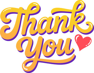 Yellow and pink thank you script with heart accent for cheerful appreciation card or sticker design  