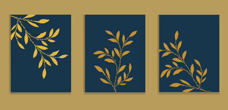 Golden Foliage on Navy Blue Botanical Art Set Vector - Powered by Adobe