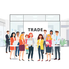 A group of ten coworkers are setting up for a trade show. They are in a modern workspace with glass walls and open layouts.
