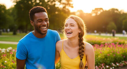 Golden Hour Laughter A Couple's Joyful Moment in a Blooming Park
