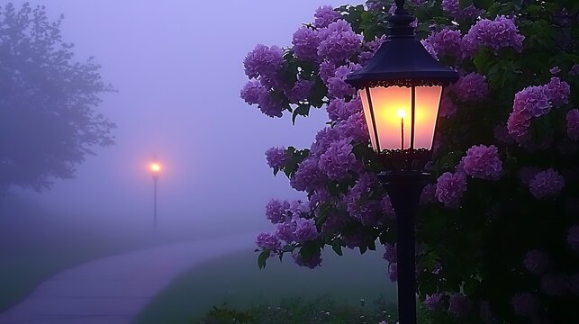 Quiet early morning garden with incense stick softly glowing and surrounded by gentle swirling mist, creating a sense of calm and stillness