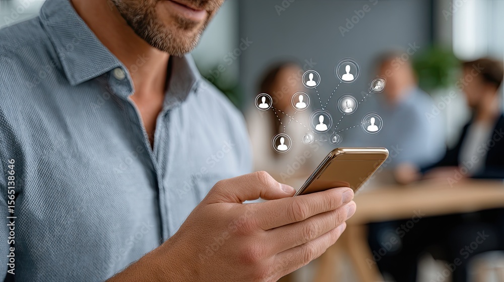 Poster hands engage with a smartphone displaying crm software and digital security features in a light grey