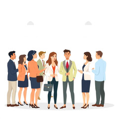 Obraz premium A group of nine managers are networking with visitors at a booth. The setting is modern, with clean lines and natural light.