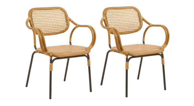 Two stylish rattan chairs with modern design placed against a minimalistic background, perfect for home decor or furniture showcases